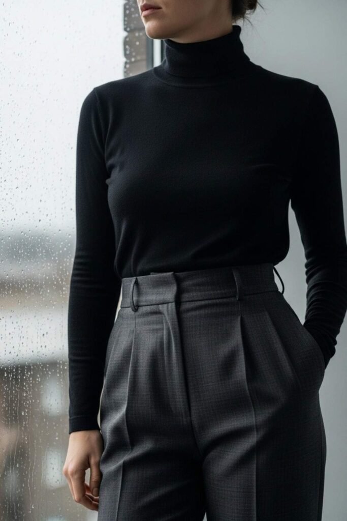 Black Turtleneck with High-Waisted Trousers