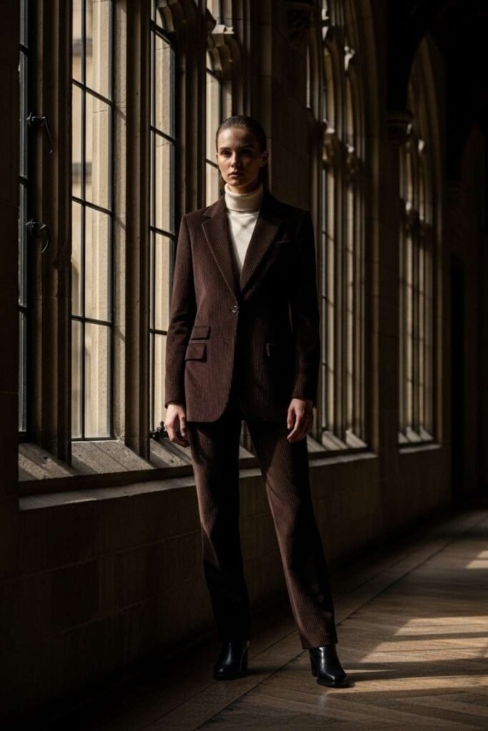 Corduroy Blazer with Cream Turtleneck