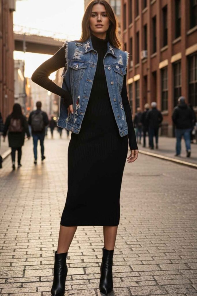  Denim Vest Over a Black Dress