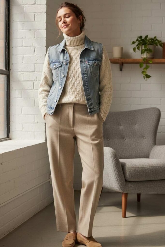 Denim Vest with Neutral Knit Top