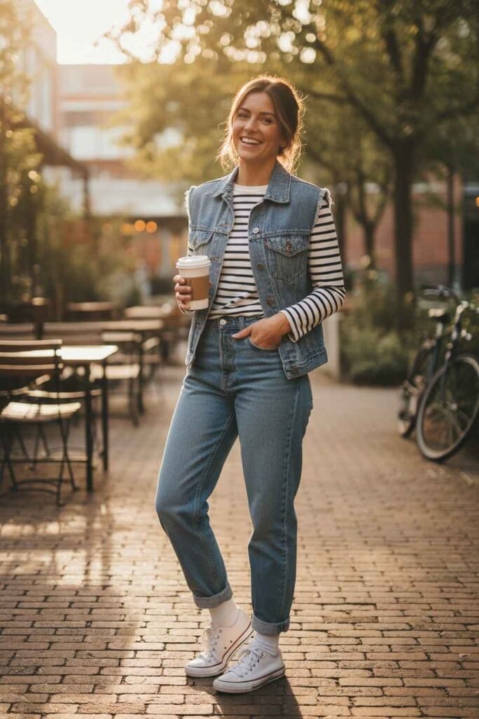 Denim Vest with Striped Long Sleeve