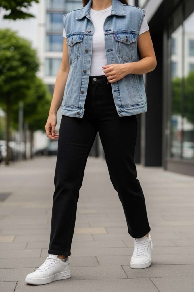 Denim Vest with White Tee and Black Jeans