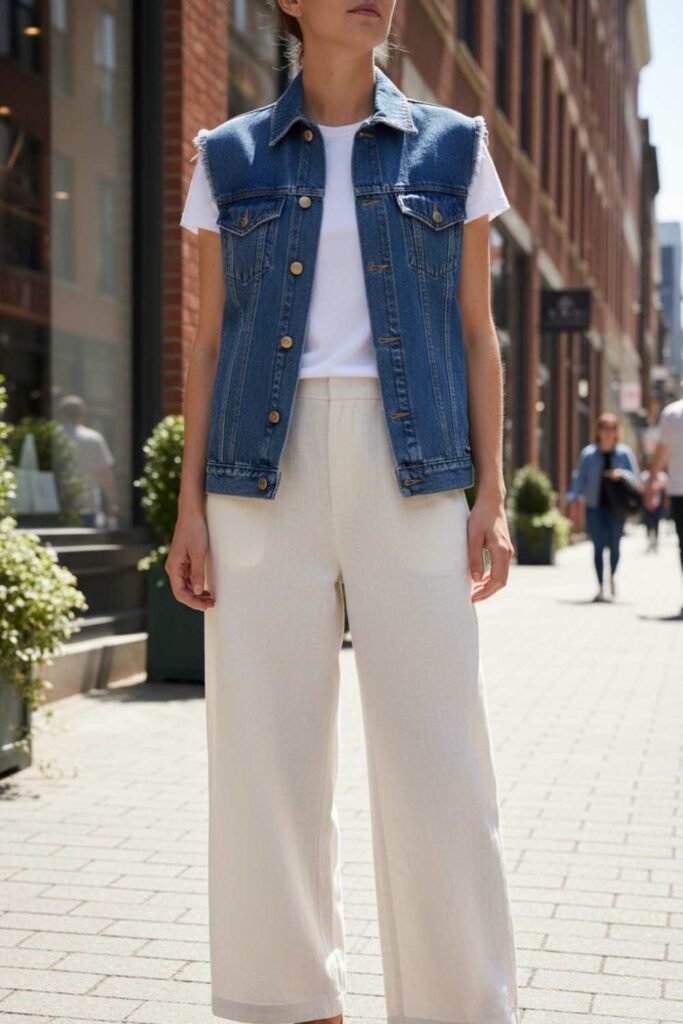 Denim Vest with Wide-Leg Trousers
