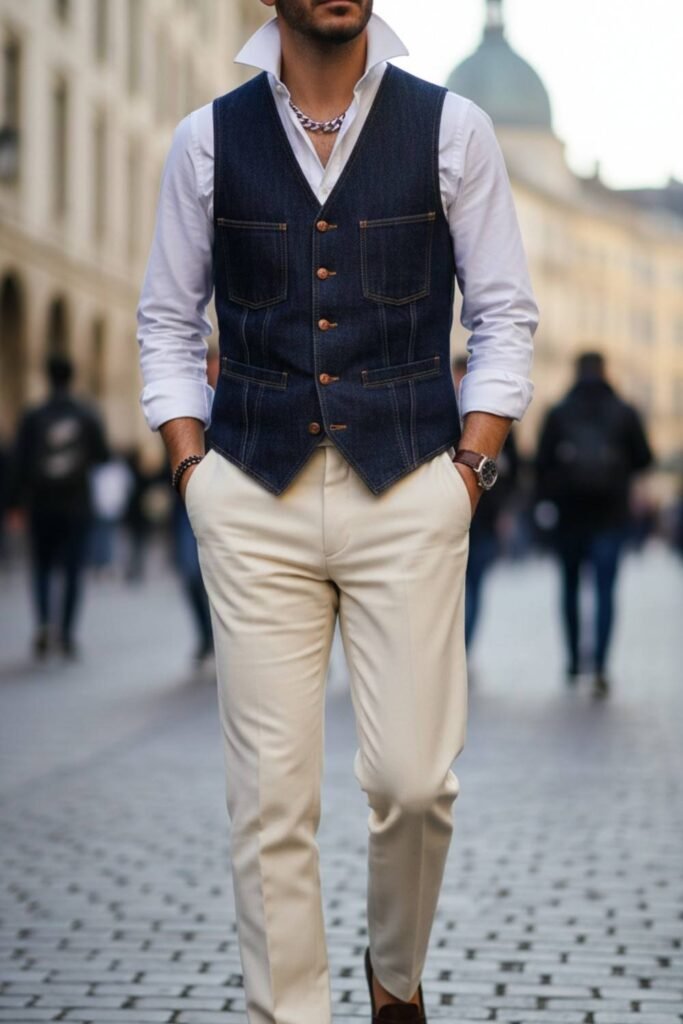 Denim Vest with a Crisp Button-Down