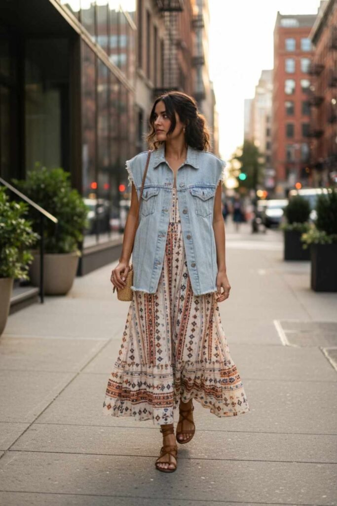  Denim Vest with a Flowy Maxi Skirt