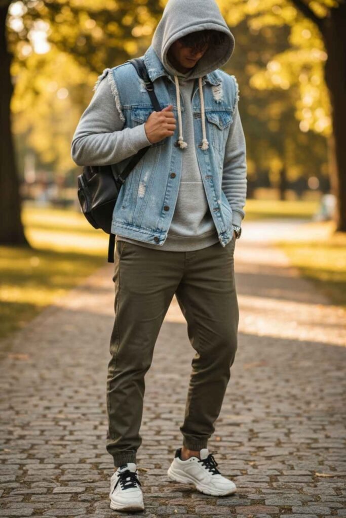 Denim Vest with a Hoodie and Joggers