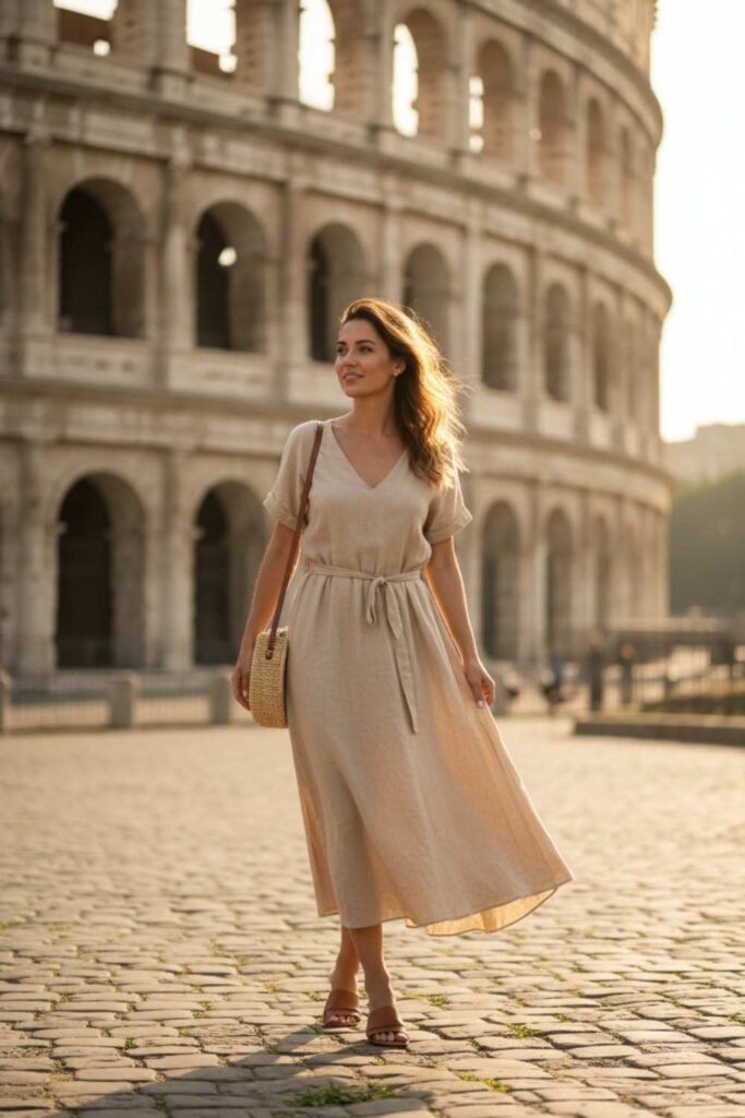 Linen Midi Dress and Leather Sandals
