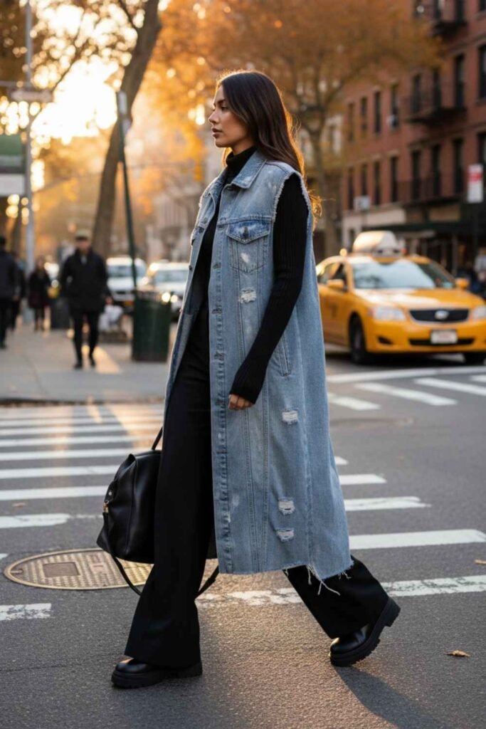 Long Denim Vest Over an All-Black Base
