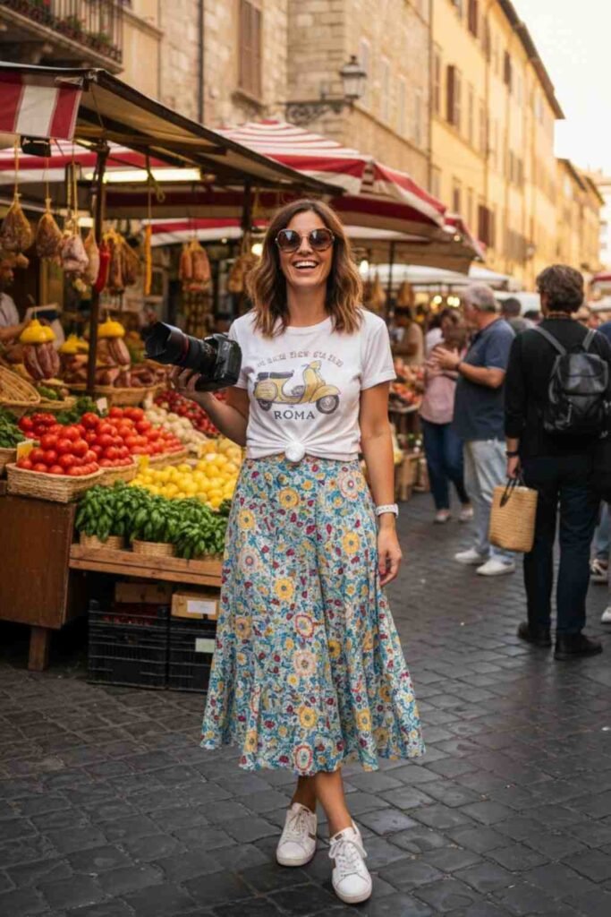Midi Skirt with Knotted Tee