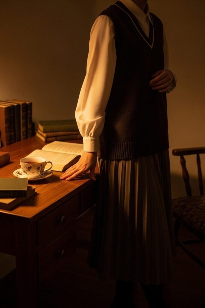 Sweater Vest Over White Blouse