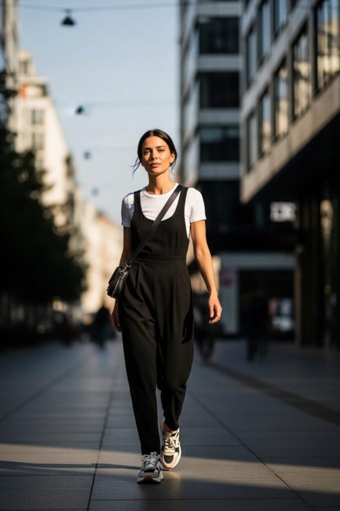 Black Jumpsuit Layered Over a White Tee