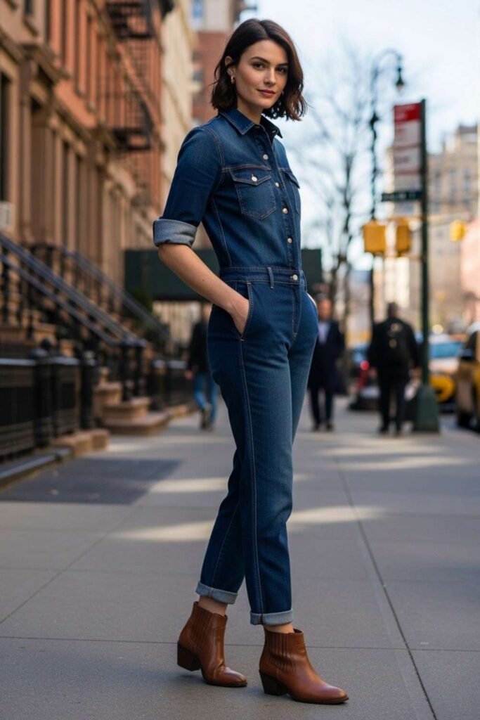 Denim Jumpsuit with Ankle Boots