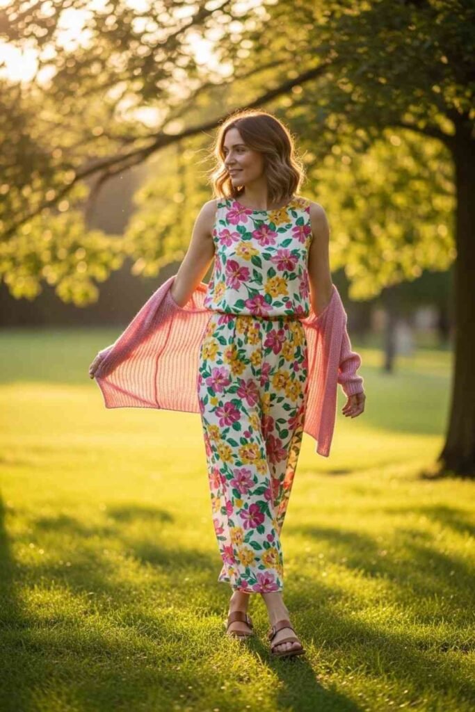 Floral Jumpsuit with a Light Cardigan