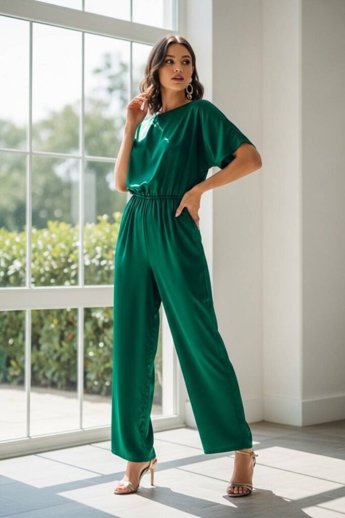 Satin Jumpsuit with Strappy Heels